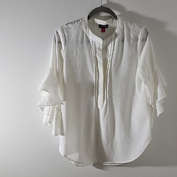Vince Camuto Elegant White Blouse with Ruffle Sleeves. Size Small. Henley Neck - Picture 1 of 7